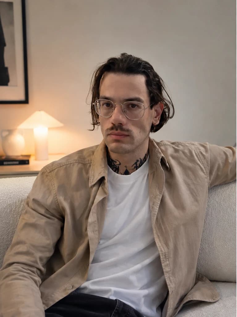 Giovanni Liguori seduto sul divano dello studio, in un momento di pausa